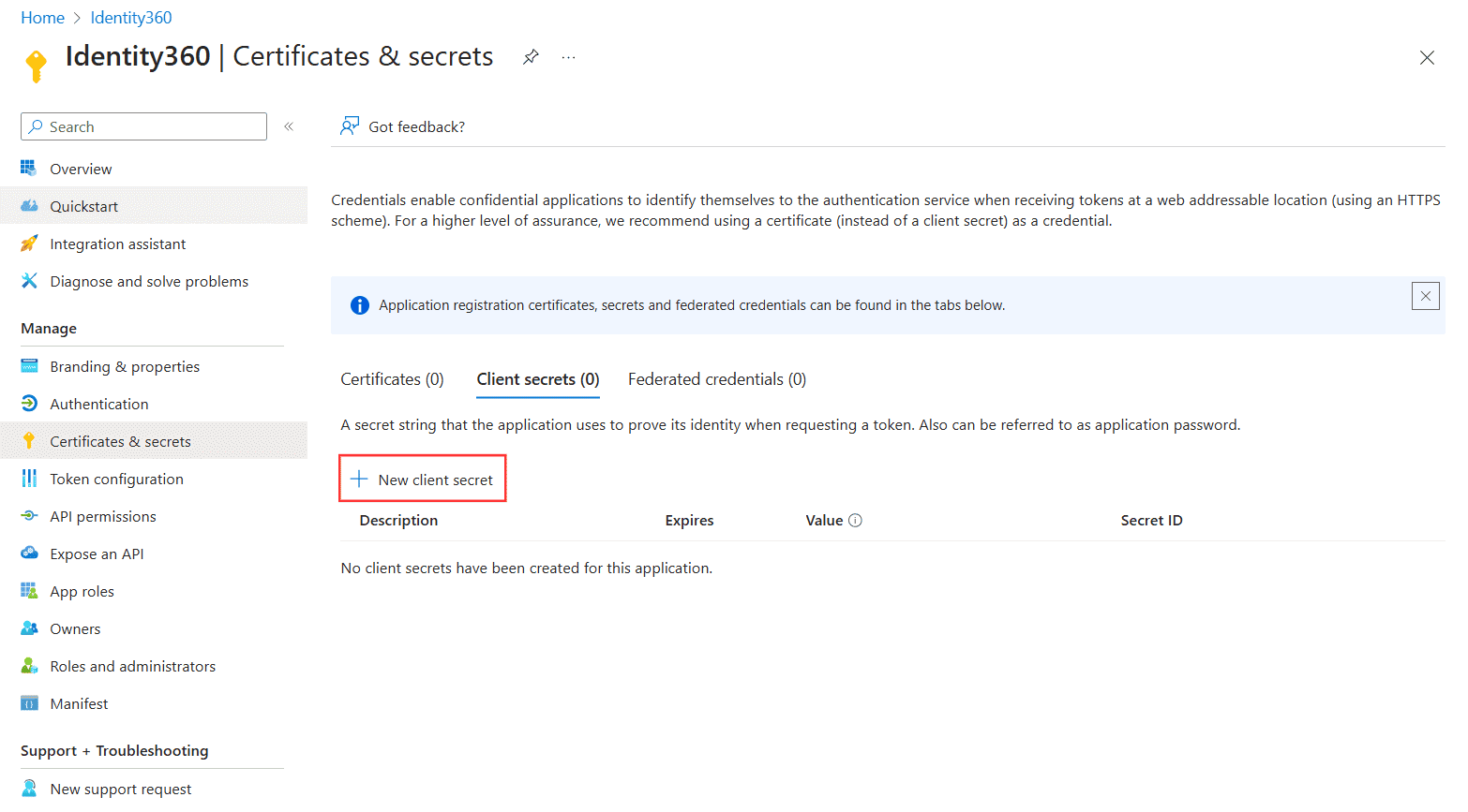 Application certificates and secrets settings in the Entra ID portal