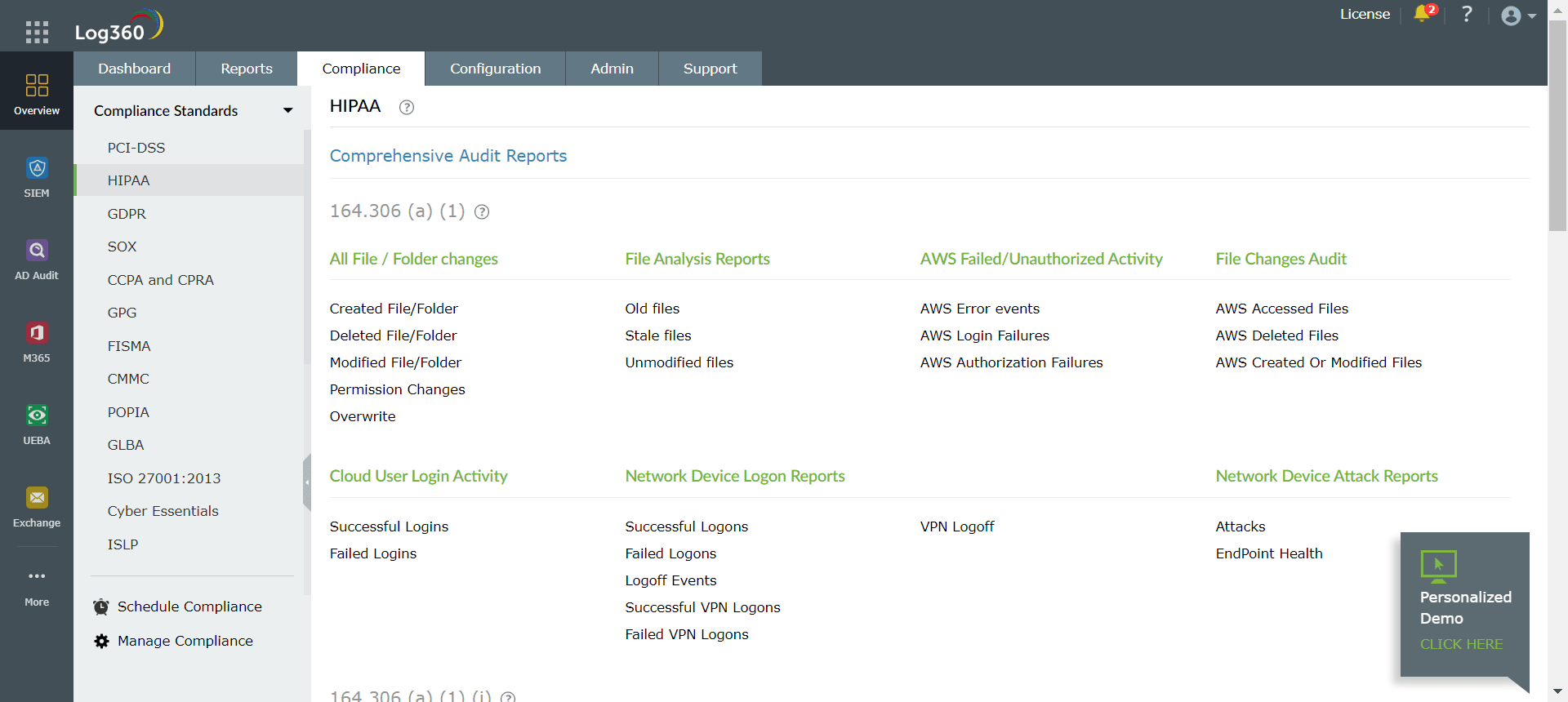 Log360 dashboard displaying comprehensive audit reports for HIPAA compliance