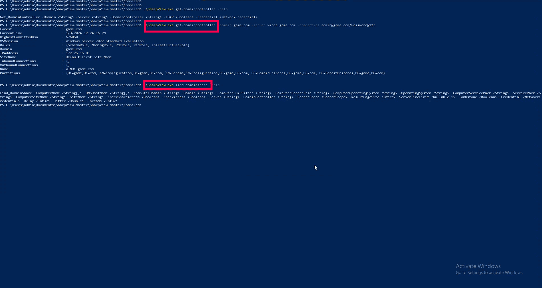 An image showing the use of get- and find- commands during SharpView.exe execution for domain enumeration