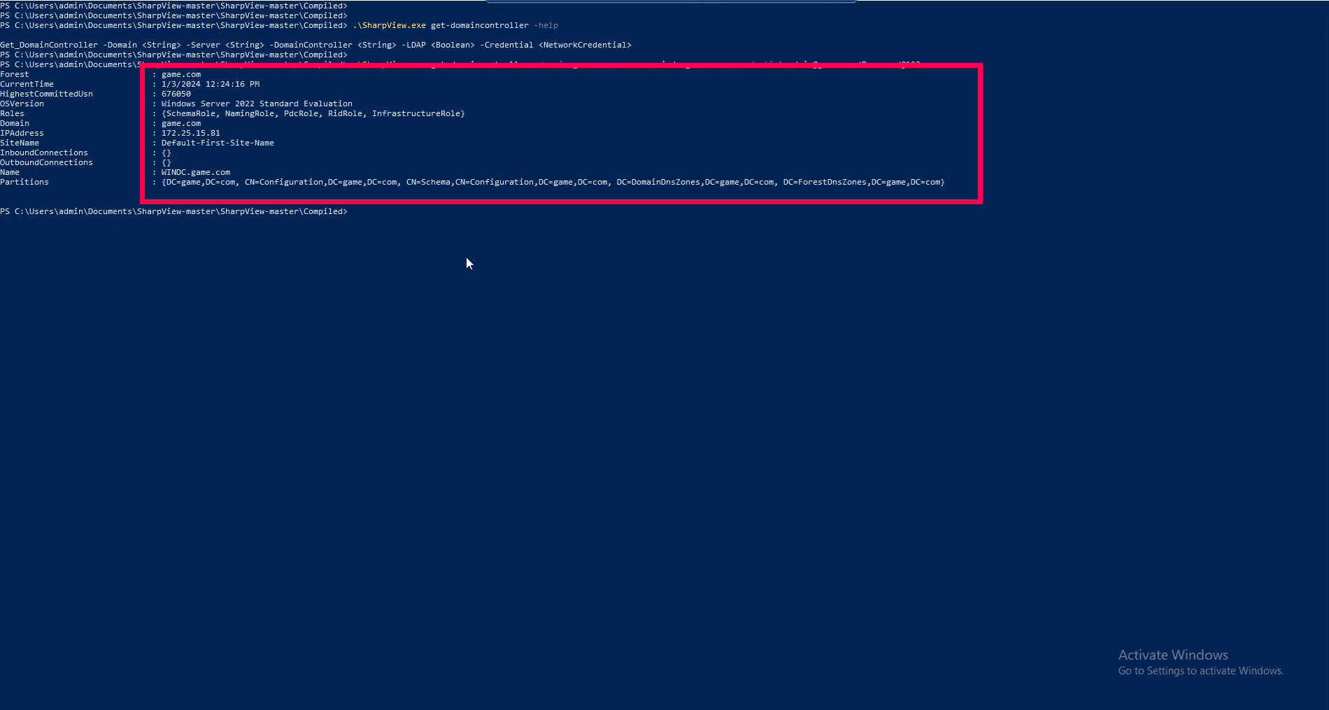 An image showing domain enumeration by executing SharpView.exe