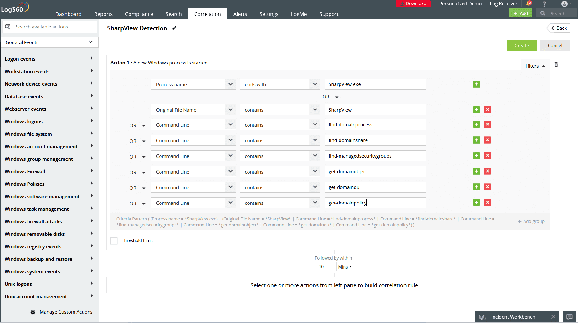 An image showing the filters used in Log360's SharpView Detection rule