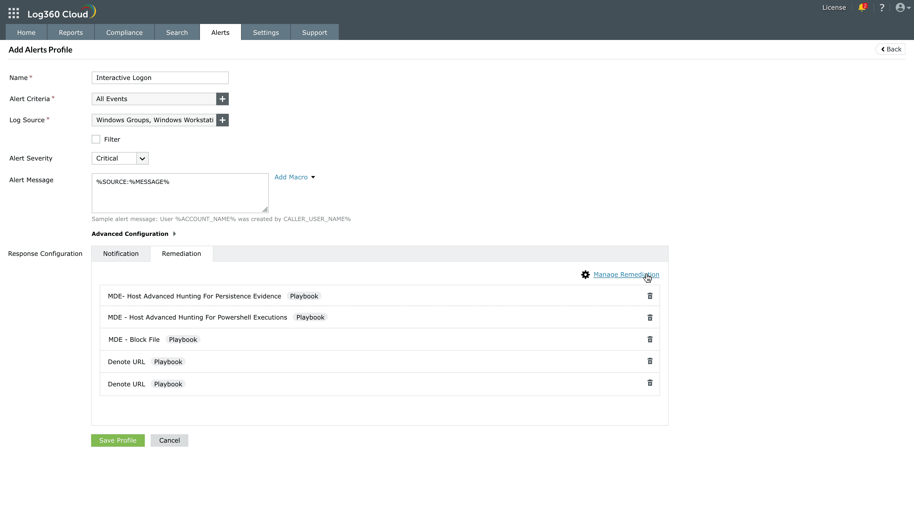 Playbook remediations configuration