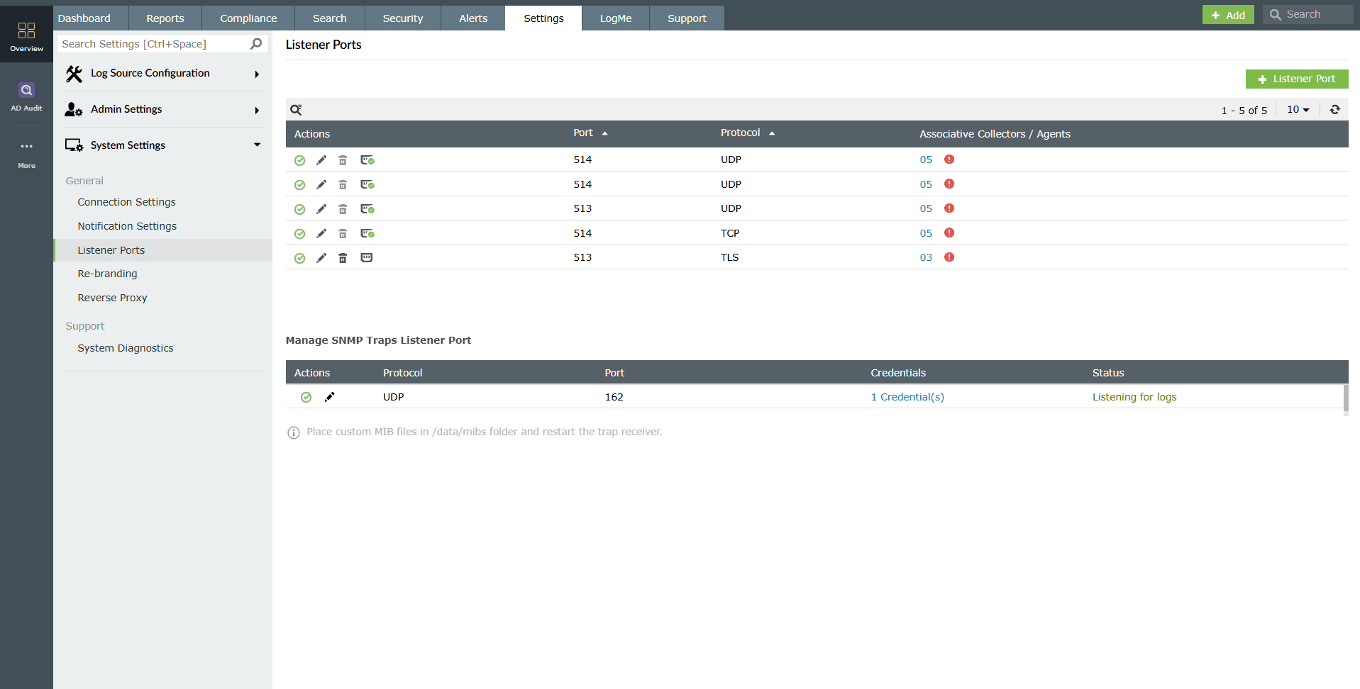 Listener ports configuration via the Settings tab