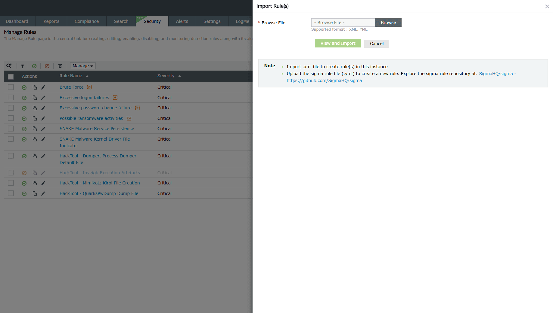 Managing rules in the manage rules module