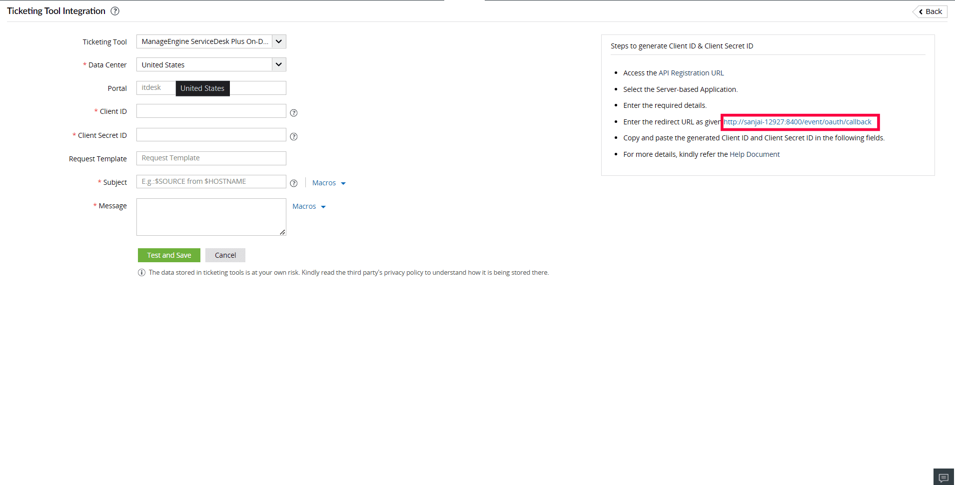 Ticketing Tool Integration