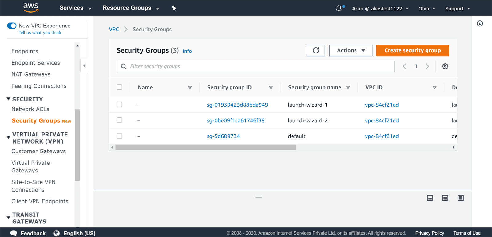 How to create a security group using the AWS Management Console?