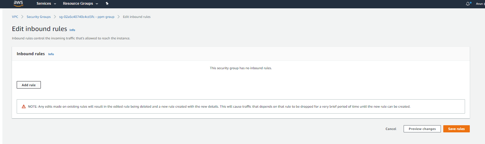 Adding a rule to the security group using VPC Console