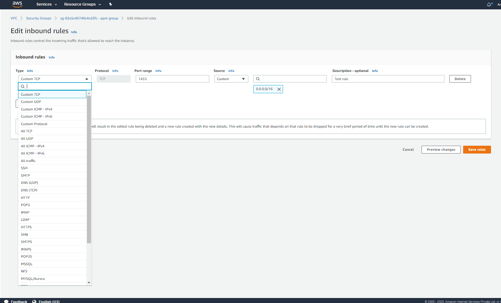 Adding a rule to the security group using VPC Console