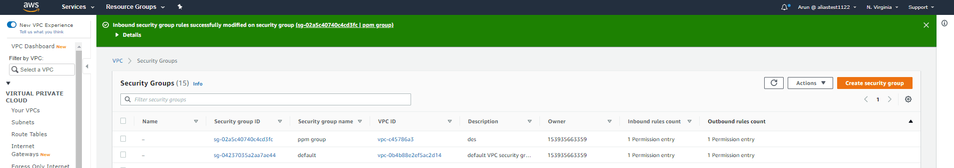 Adding a rule to the security group using VPC Console