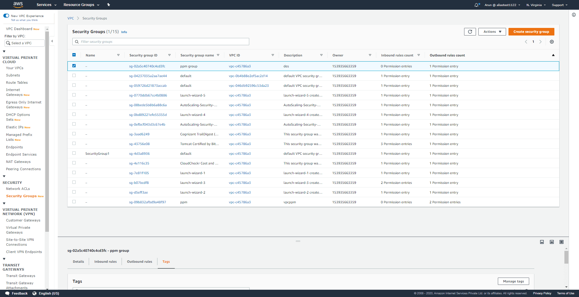 Deleting a rule in the security group using the VPC Console