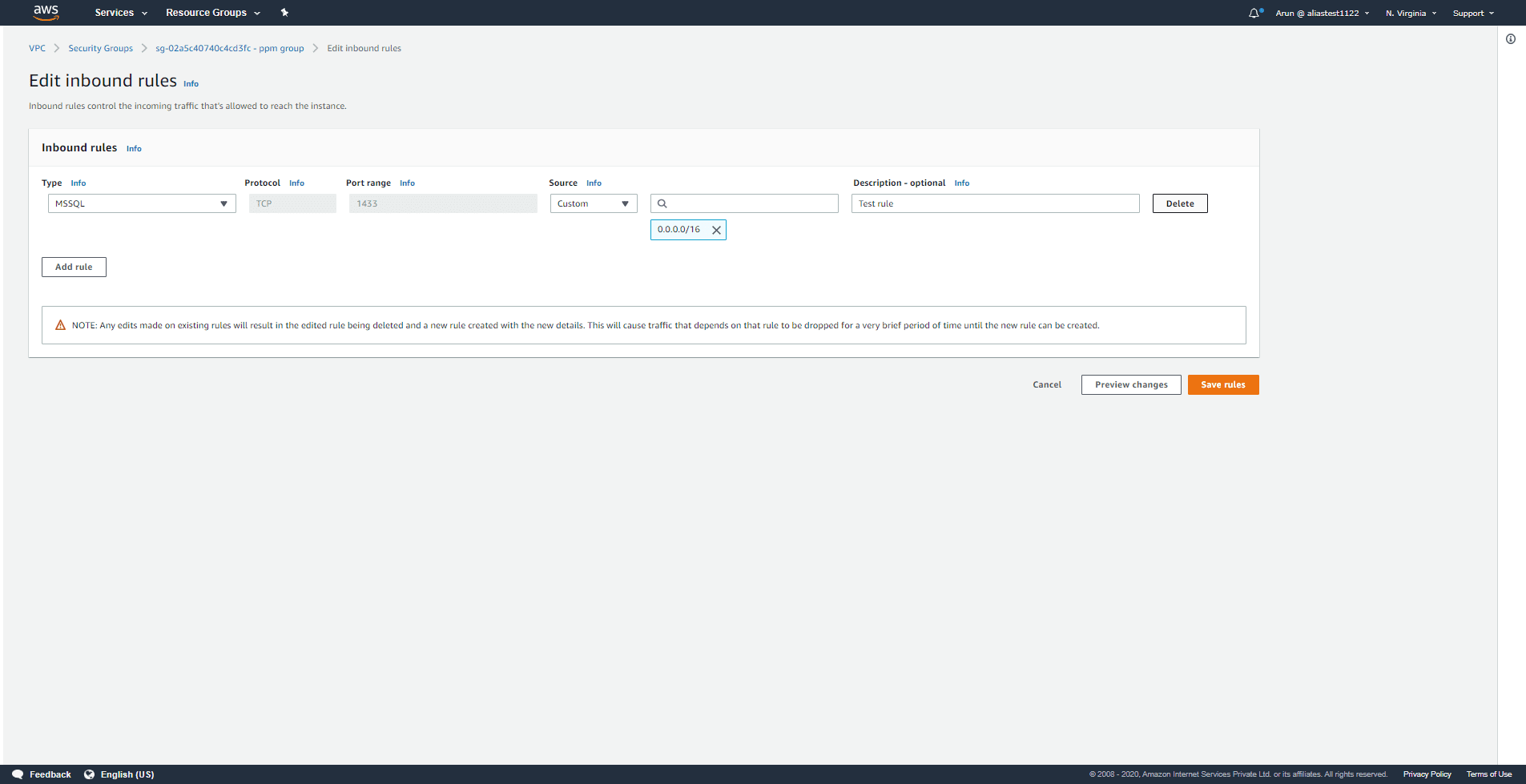 Deleting a rule in the security group using the VPC Console