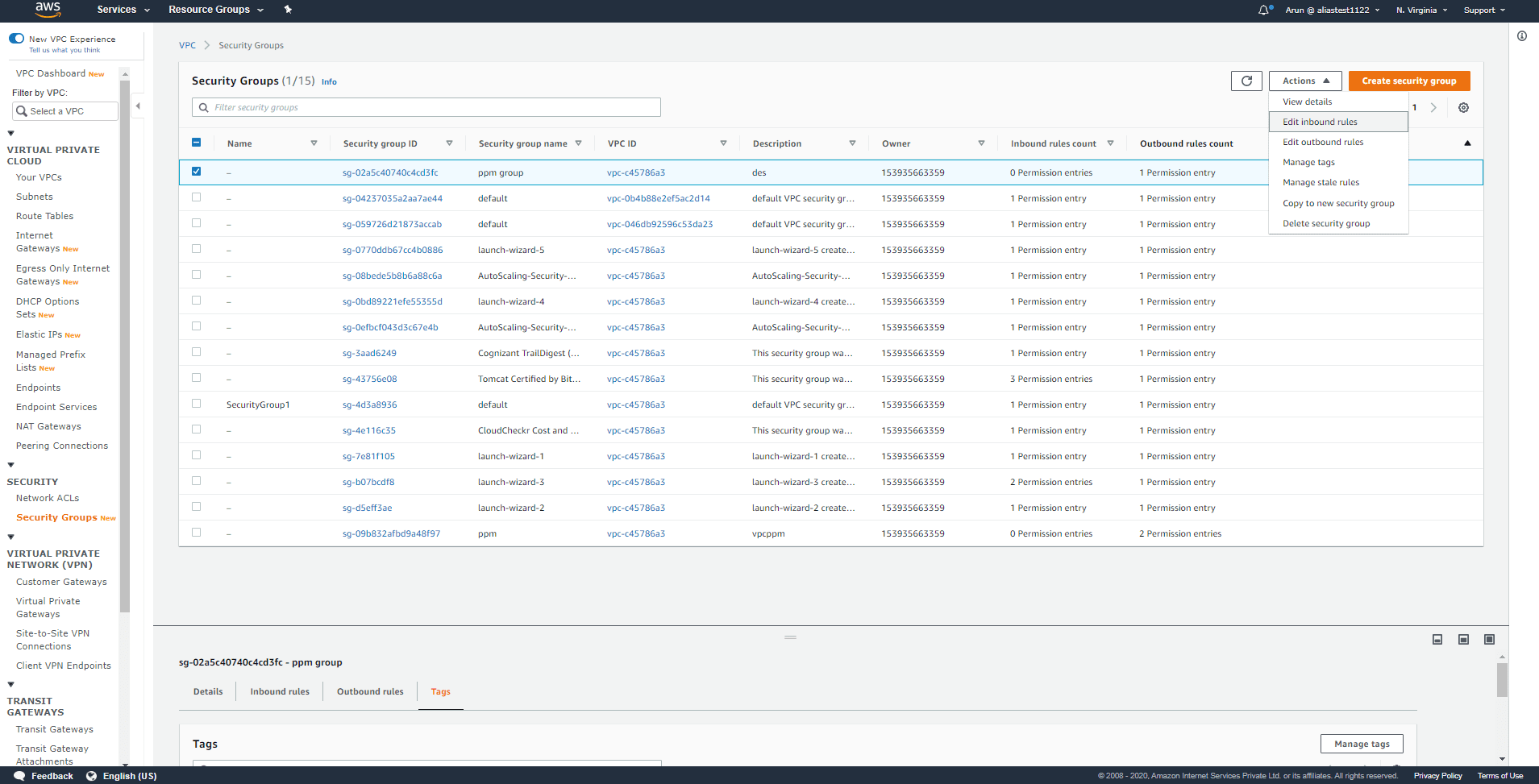 Modifying a rule in the security group using the VPC Console