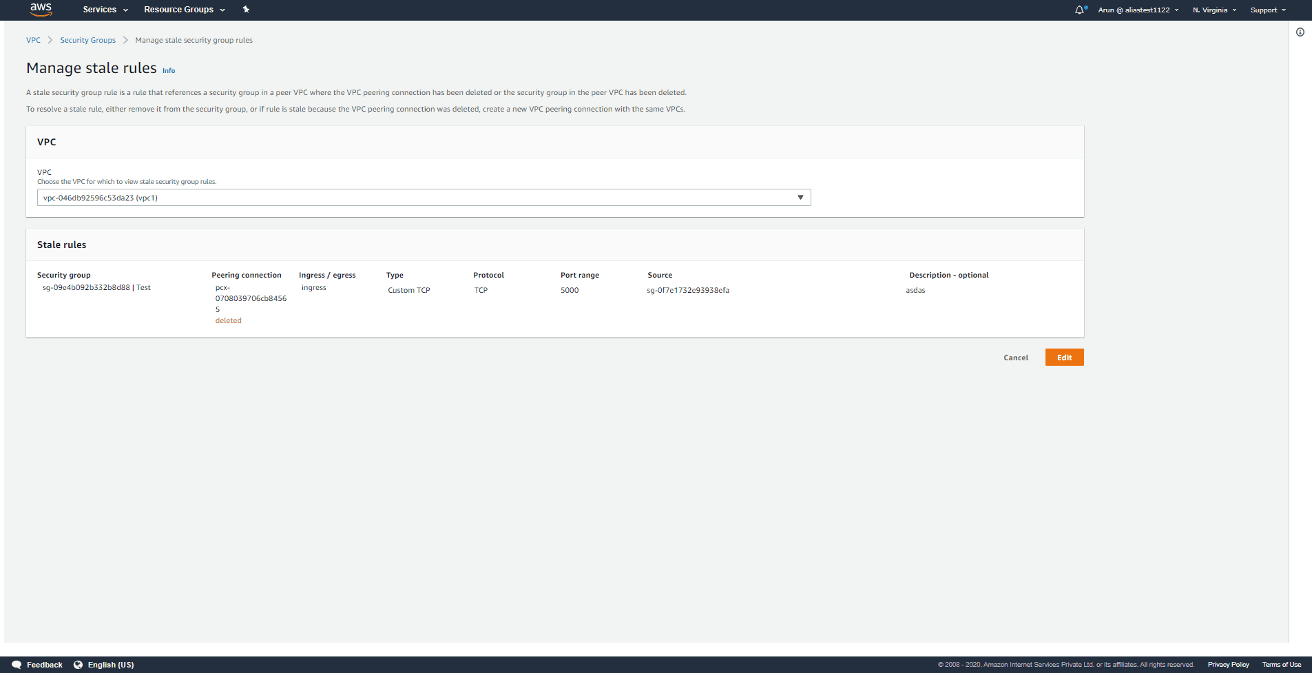 Stale security groups - Deleting or modifying a stale rule in a security group using the VPC Console: