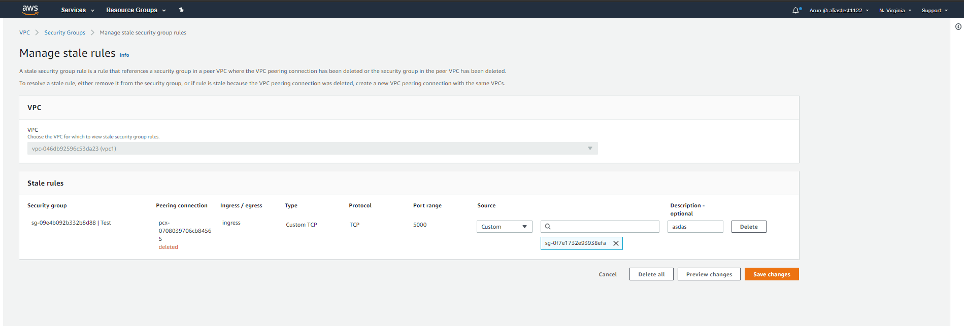 Stale security groups - Deleting or modifying a stale rule in a security group using the VPC Console: