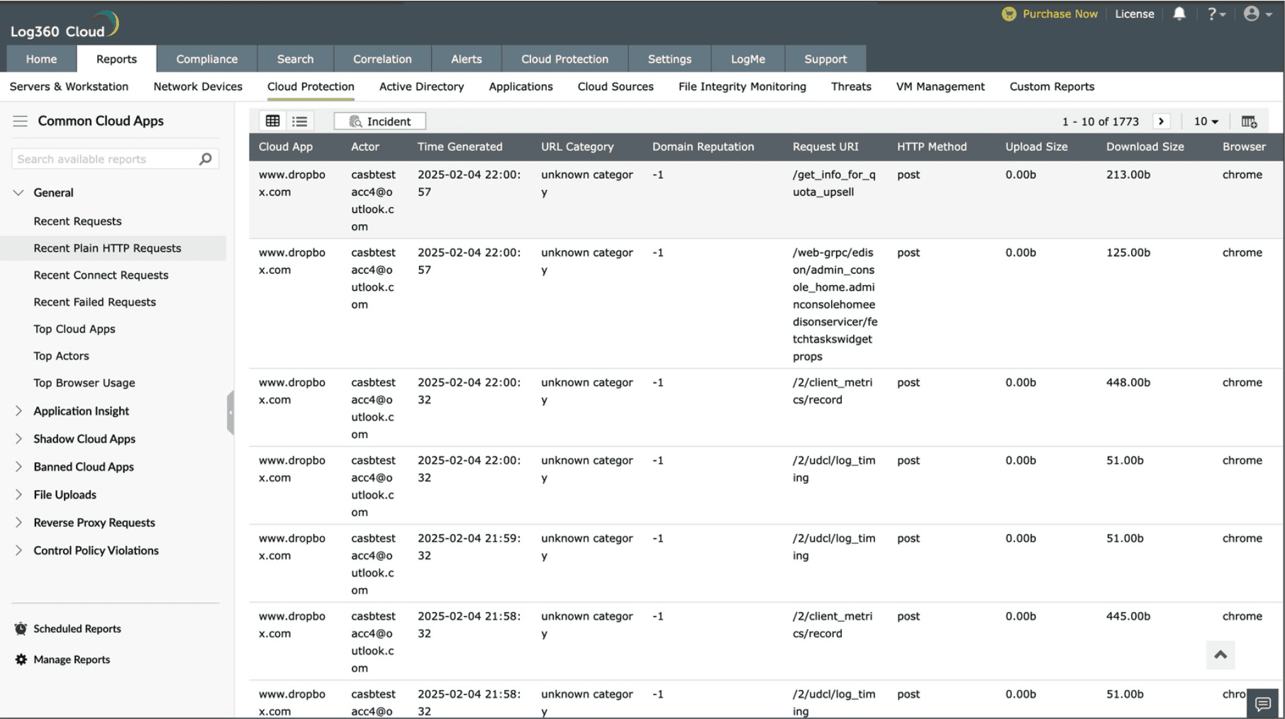The CASB capability in Log360 Cloud offers insights into all recent HTTP requests in the network through cloud protection reports.