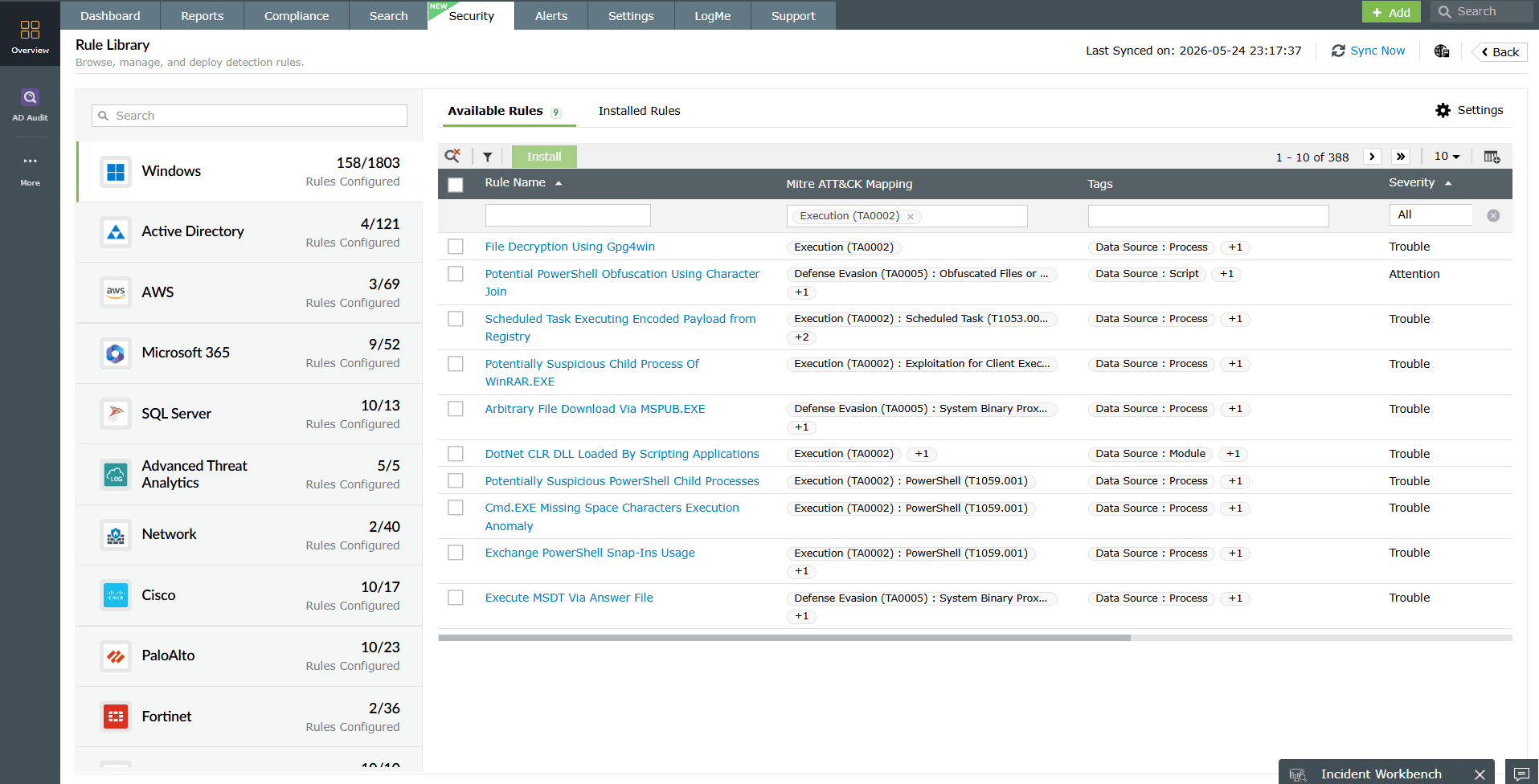 Log360 alert showing all the correlation rules related to User Execution (T1204).