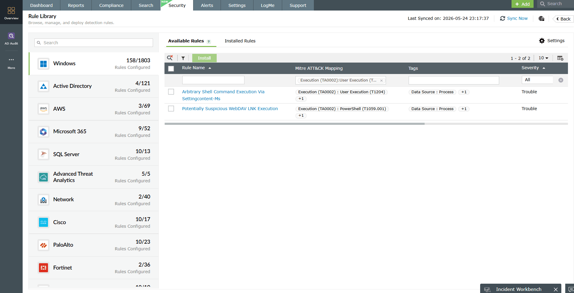 Log360 alert showing WMI ActiveScriptEventConsumers Activity rule.