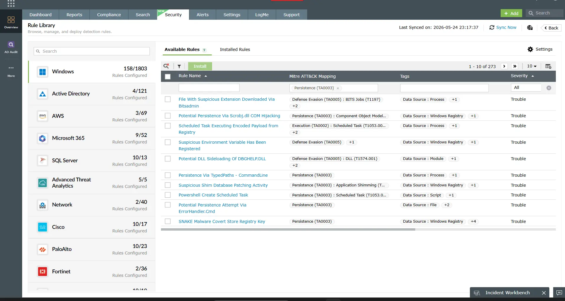 Log360 rule library showing all the Persistence-related rules