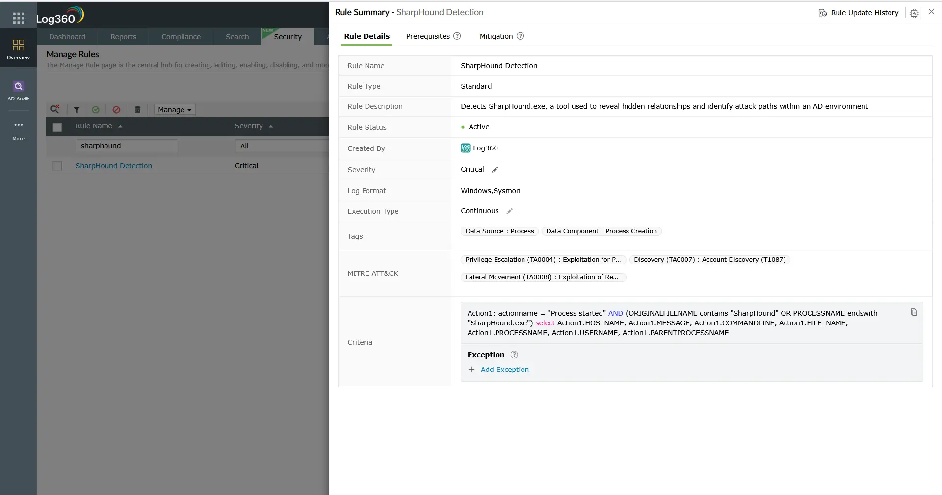 Log360 SharpHound Detection rule summary showing rule name, Critical severity, Windows and Sysmon log format, MITRE ATT&CK mappings for reconnaissance and lateral movement, and the process creation criteria that triggers when SharpHound.exe is detected on an endpoint