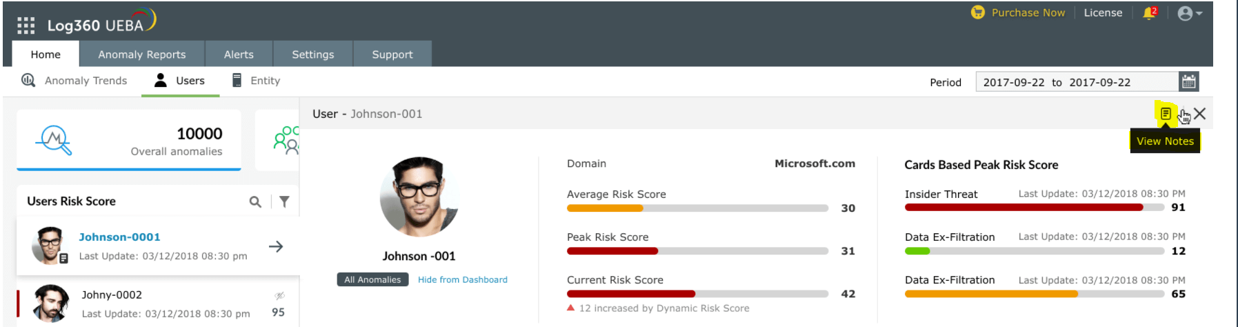 Log360 UEBA dashboard Entities
