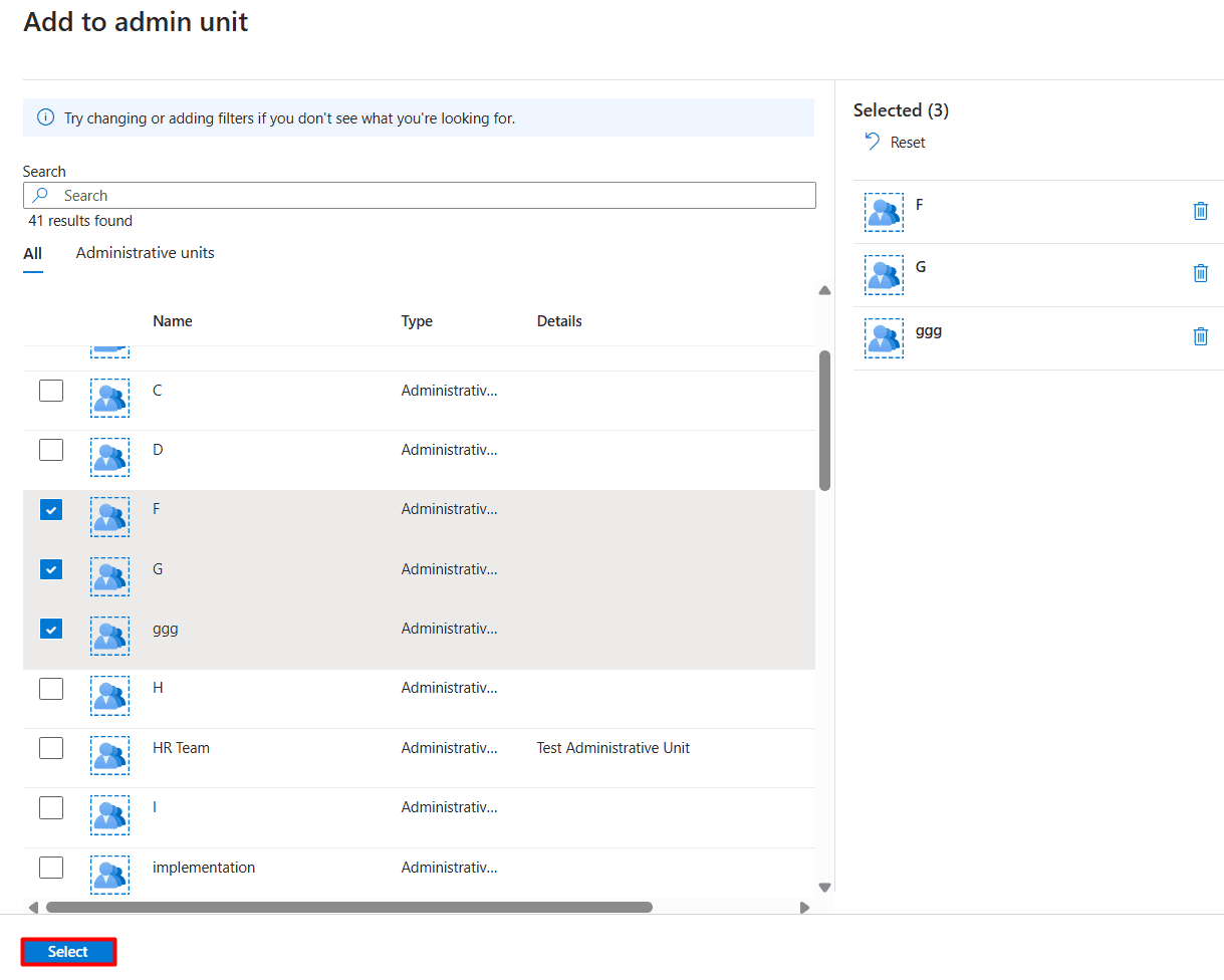 The Add to admin unit page with the AUs available to be assigned to the selected users from the Microsoft Entra Admin Center.