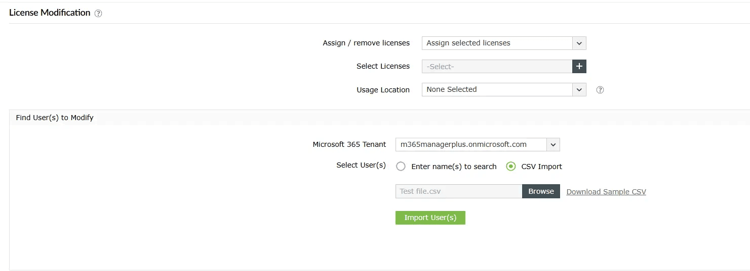 The M365 Manager Plus License Modification page allowing admins to assign or remove licenses for multiple users simultaneously via CSV import.