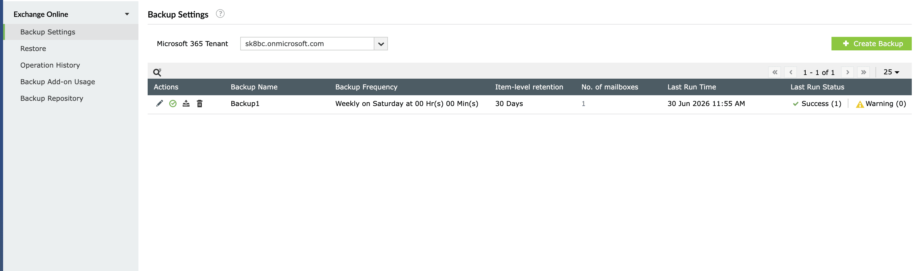 The Exchange Online backup tab in M365 Manager Plus displaying options to back up, restore, and compare Exchange Online objects backed up over time