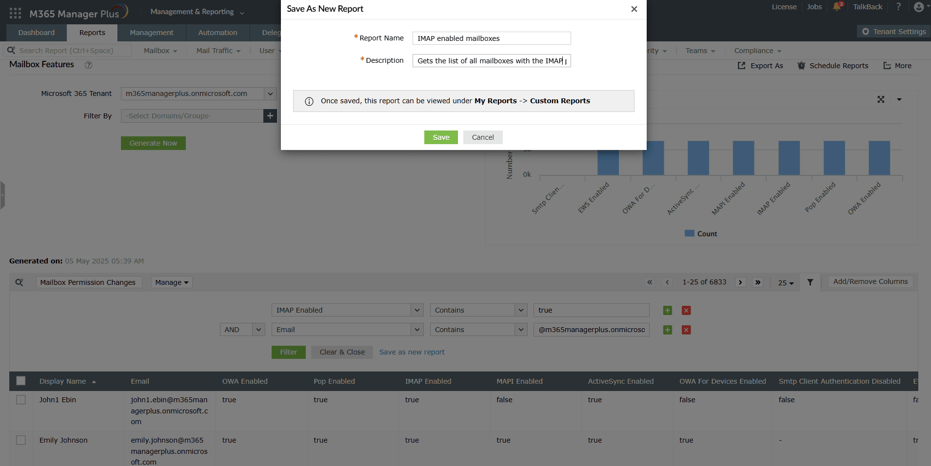 Creating personalized Exchange Online reports in M365 Manager Plus.