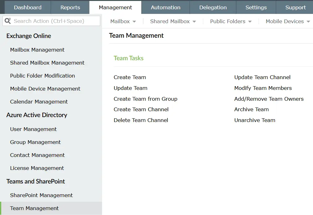 Microsoft 365 management tool interface for Microsoft teams management.