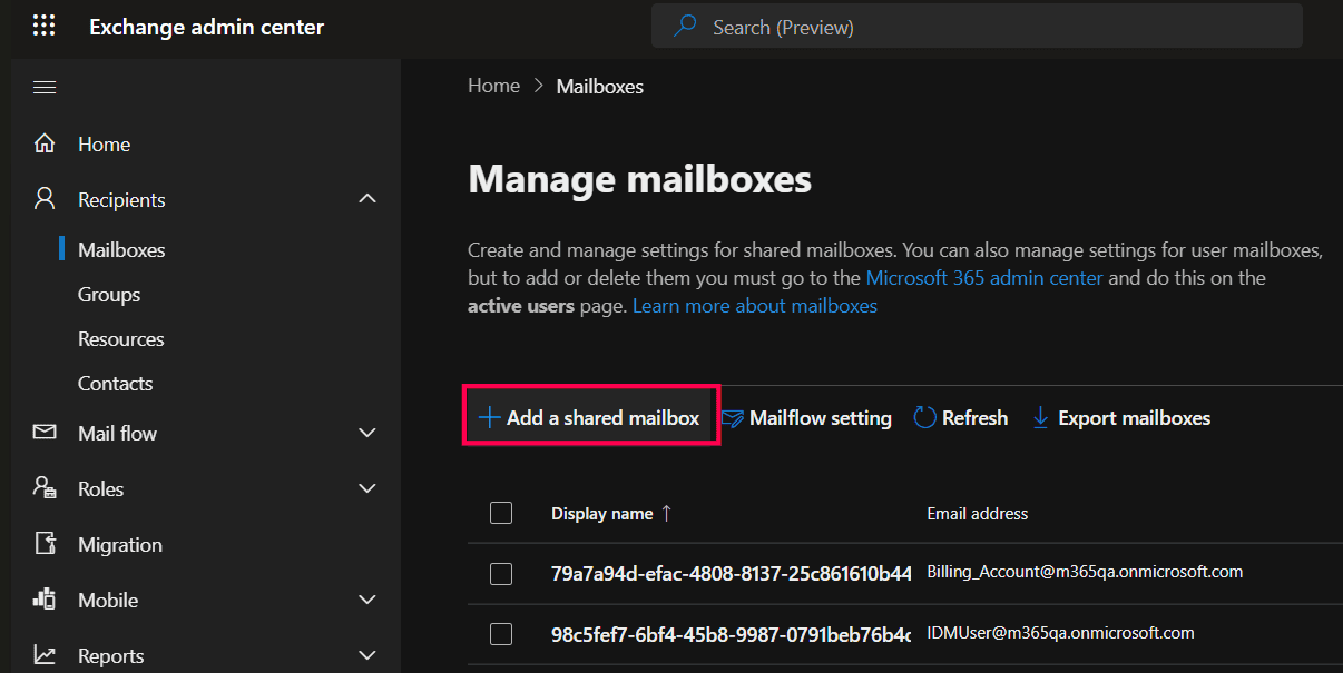 The Exchange admin center interface showing the Manage mailboxes screen with the Add a shared mailbox button highlighted.