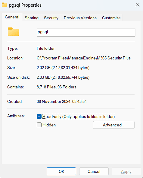 The pgsql Properties window with the Size on disk field highlighted to indicate the space occupied by M365 Security Plus' built-in PostgreSQL database.