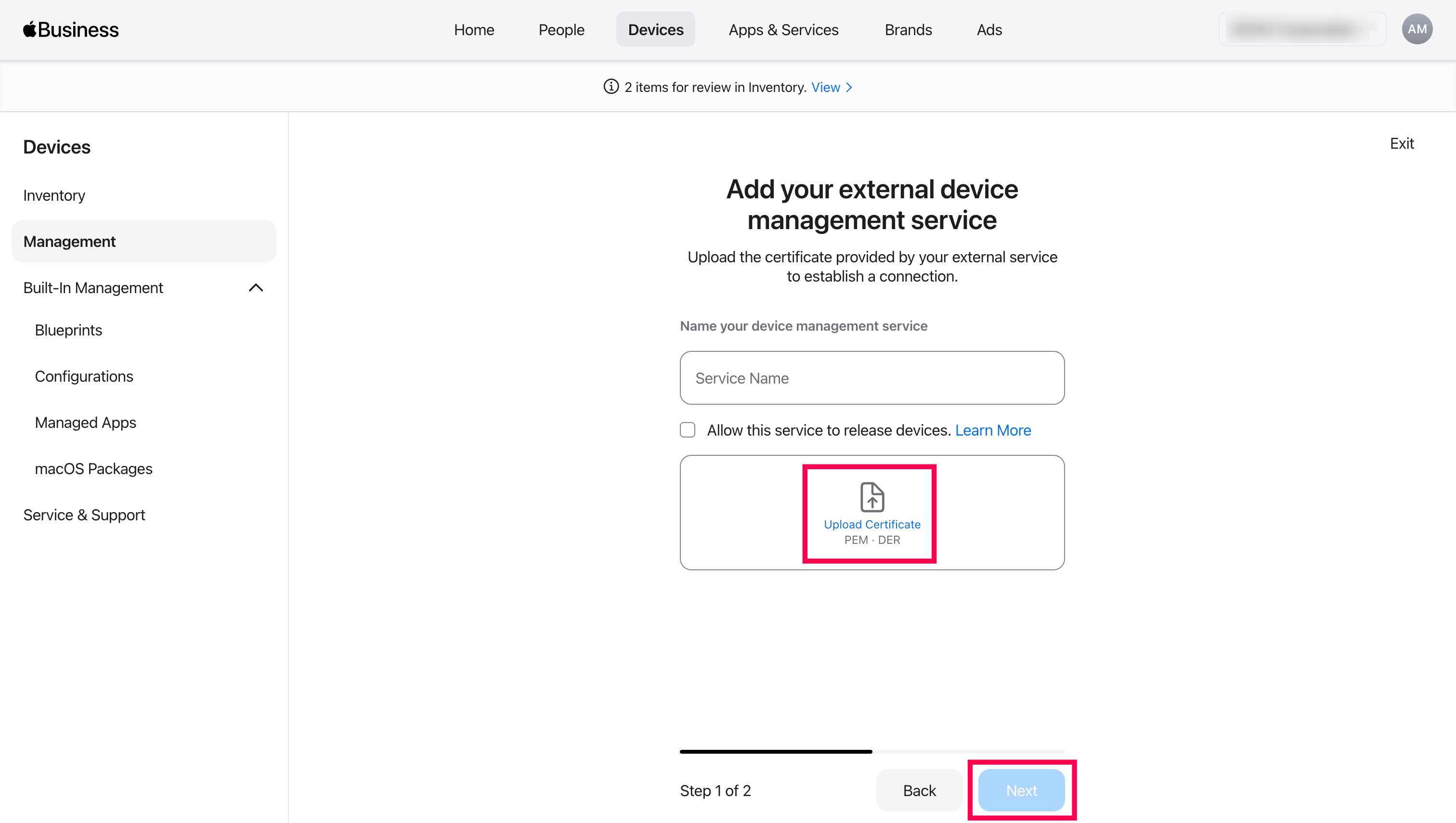 MDM Public Key upload on ABM portal