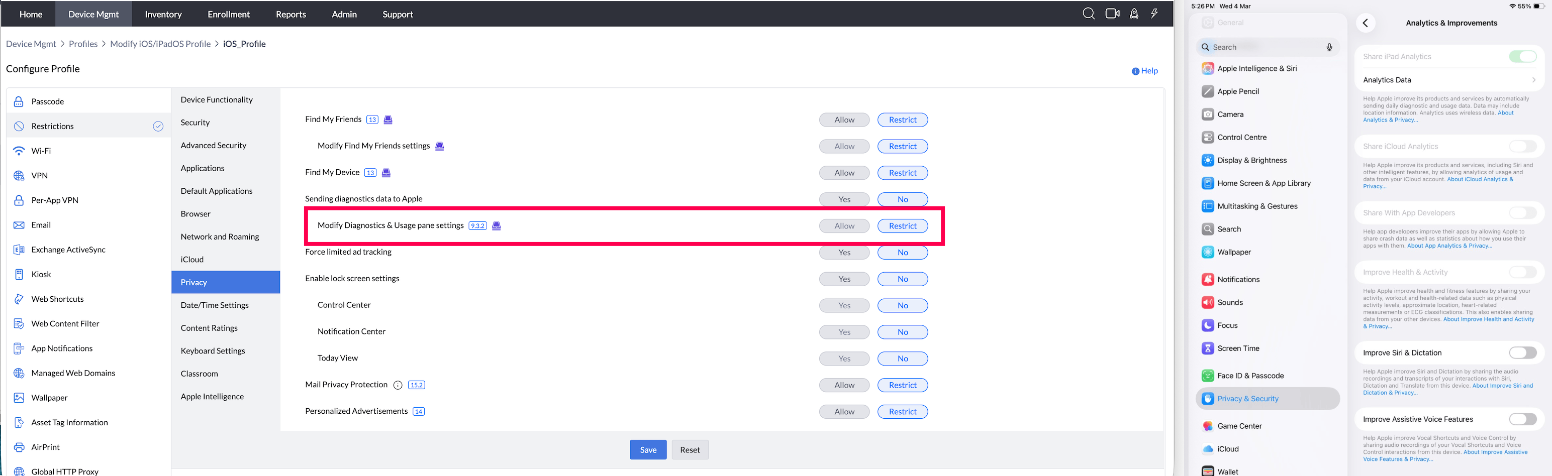 Modify Diagnostics & Usage pane settings