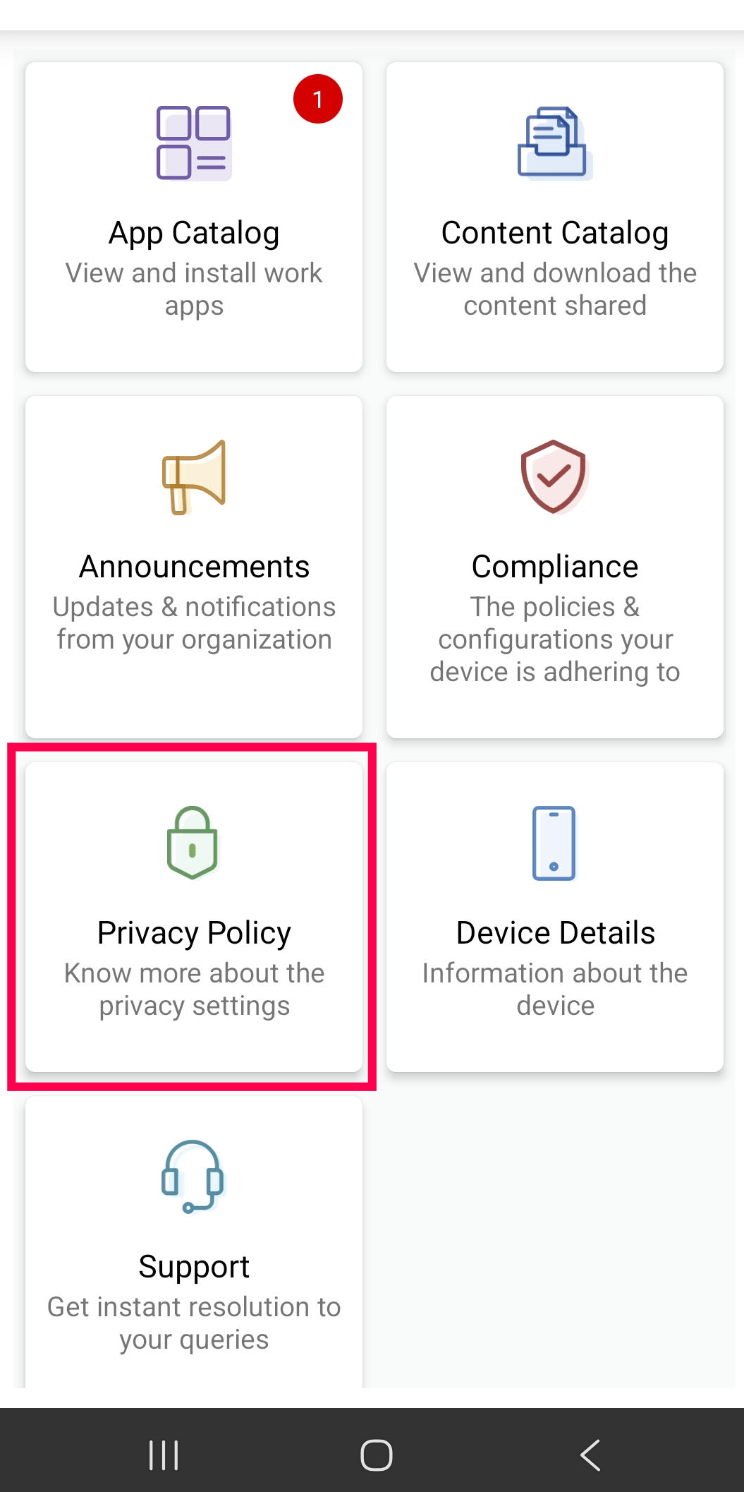 Mobile privacy policy screen