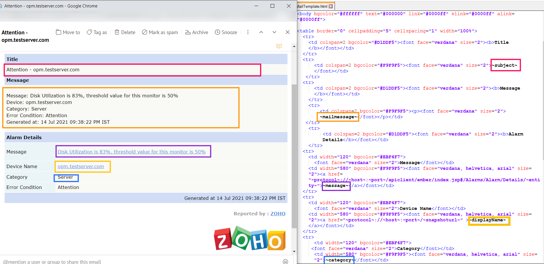 Custom mail templates for email notification profiles in OpManager: Using available keys to make alarm customization