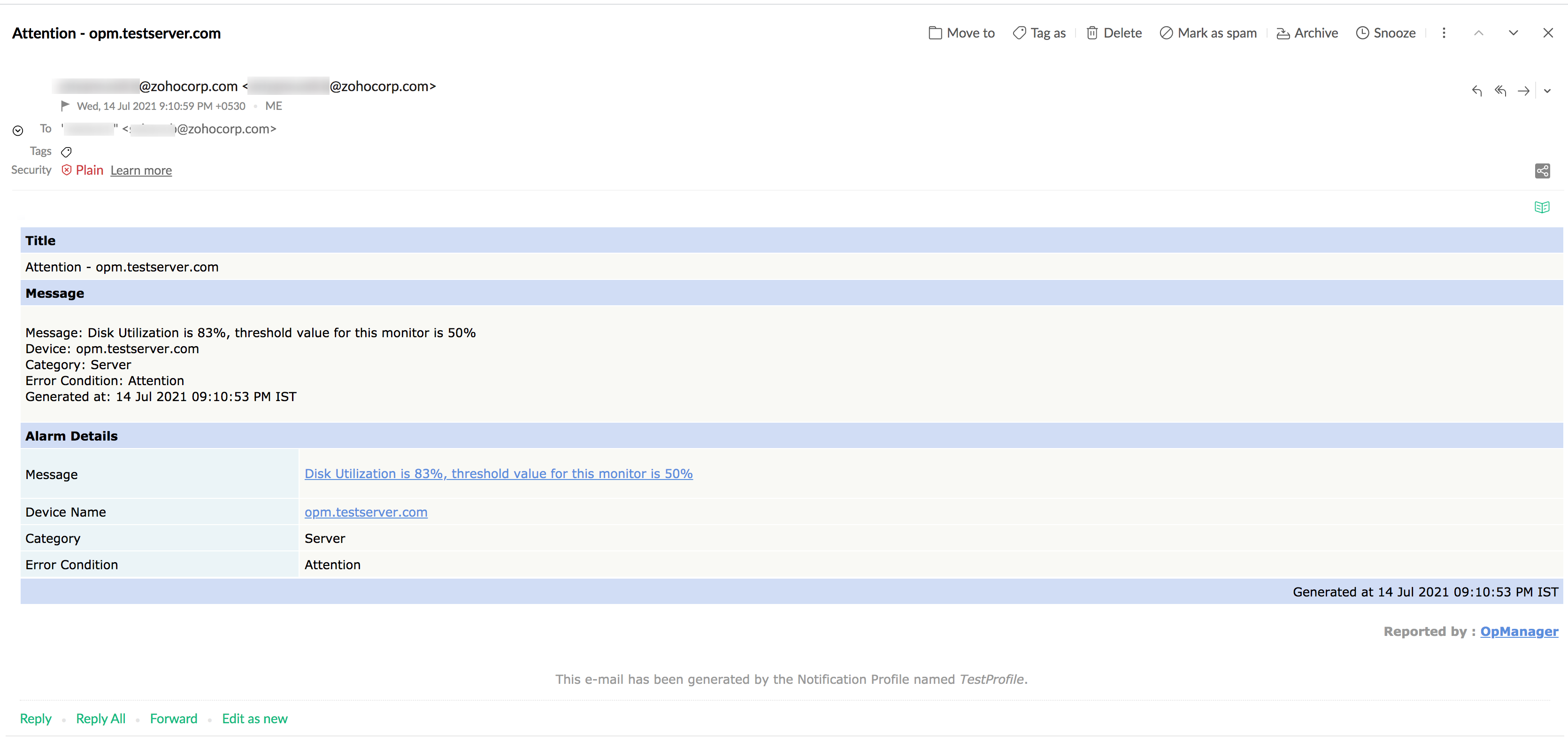 Custom mail templates for email notification profiles in OpManager: Default template