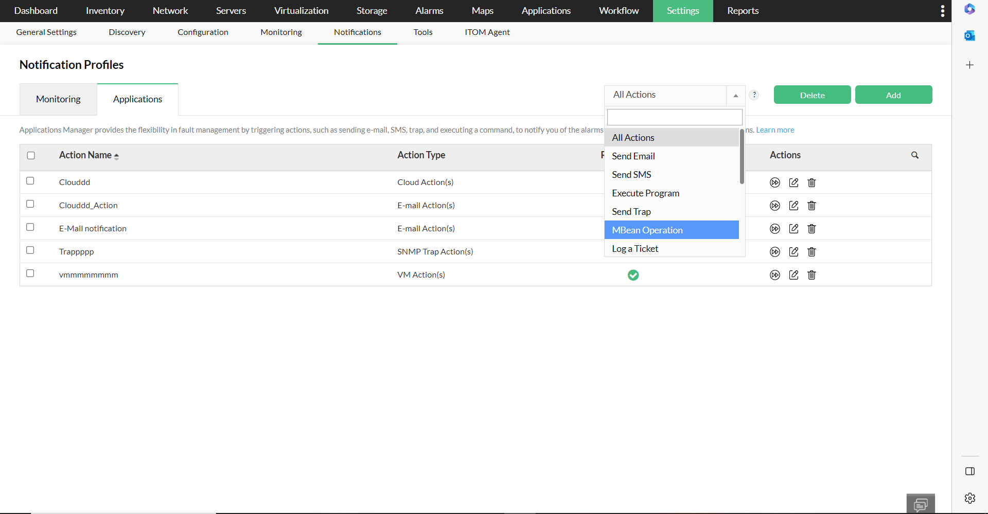 Applications Manager Plug-in in OpManager: All actions tab to add new actions