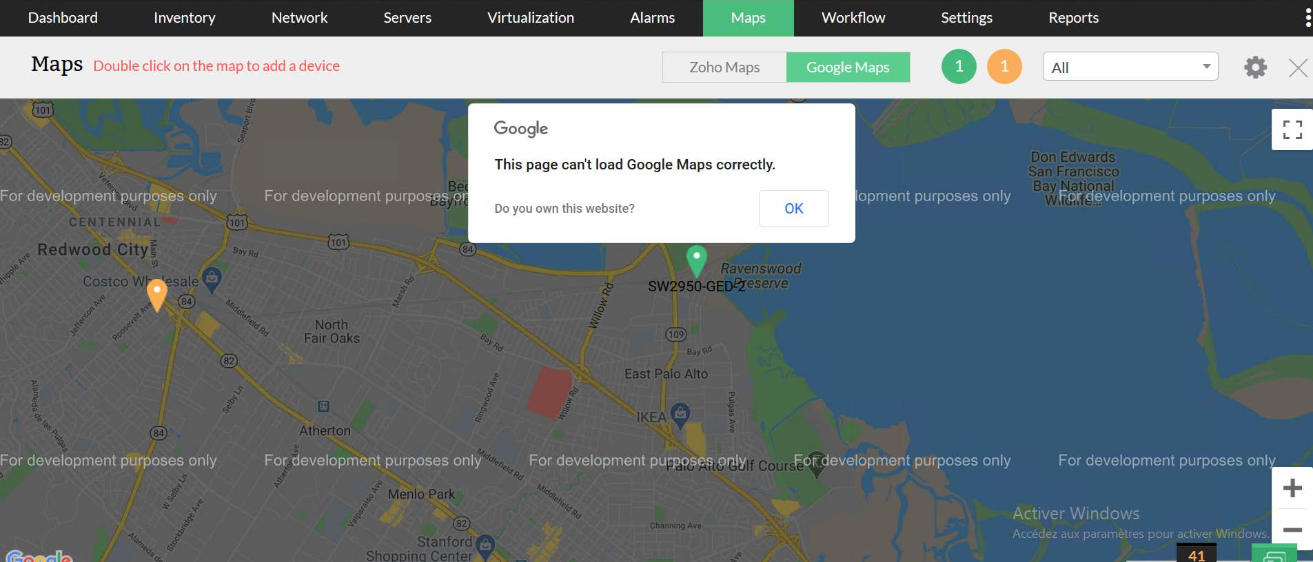 Troubleshooting google maps in OpManager: API key expiry