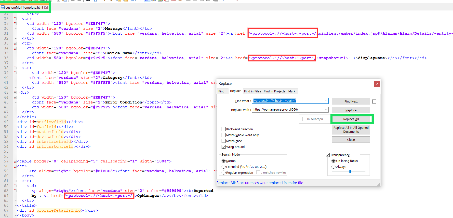 Custom mail templates for email notification profiles in OpManager: Change host name