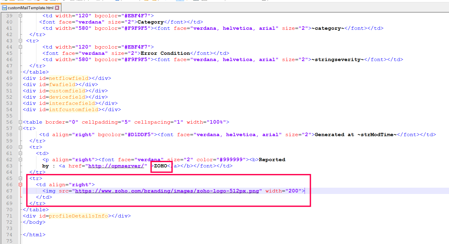 Custom mail templates for email notification profiles in OpManager: Change file name to rebrand email