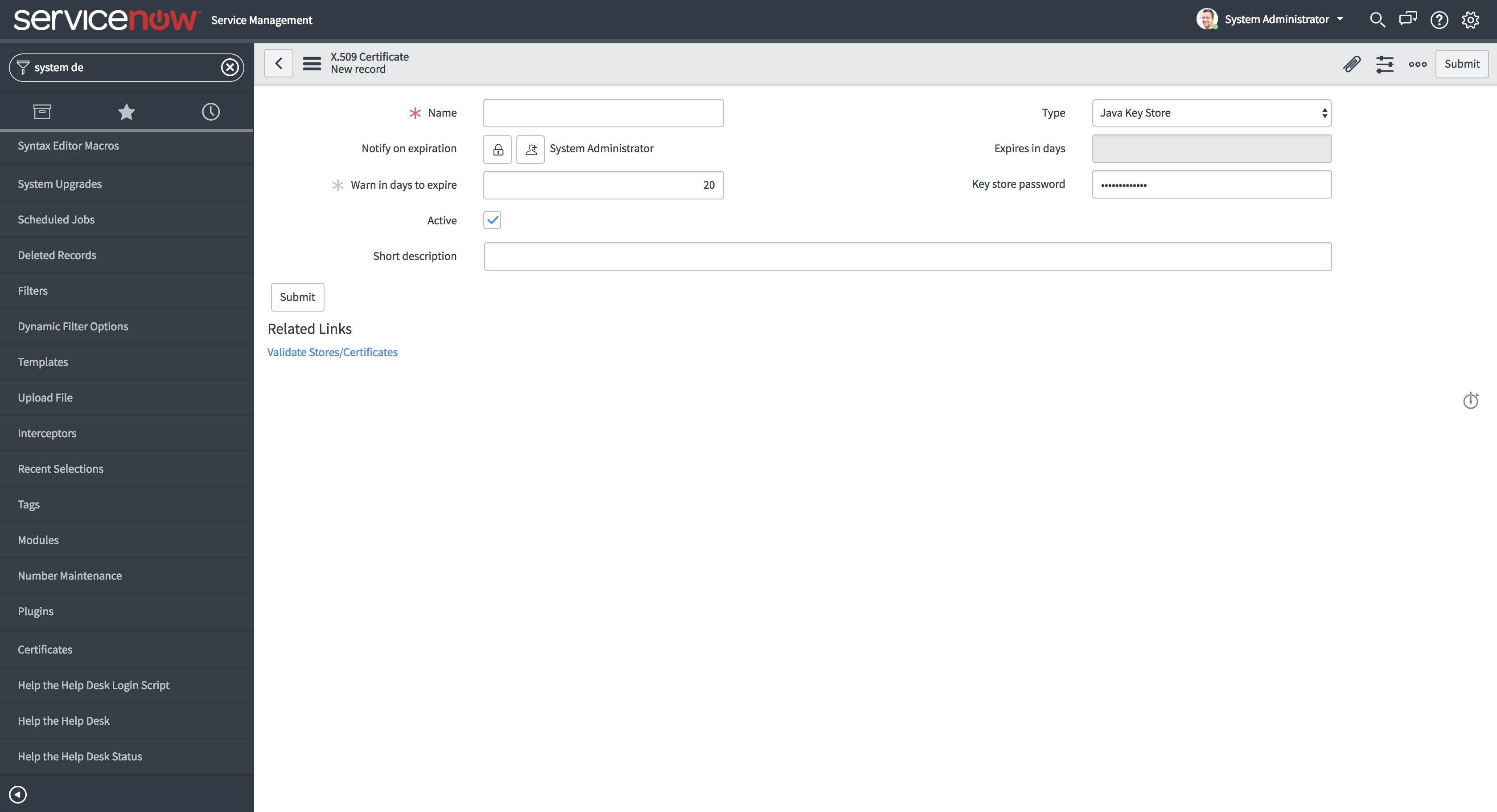 OpManager integration with ServiceNow using SSL certificate: New certificate under system definition