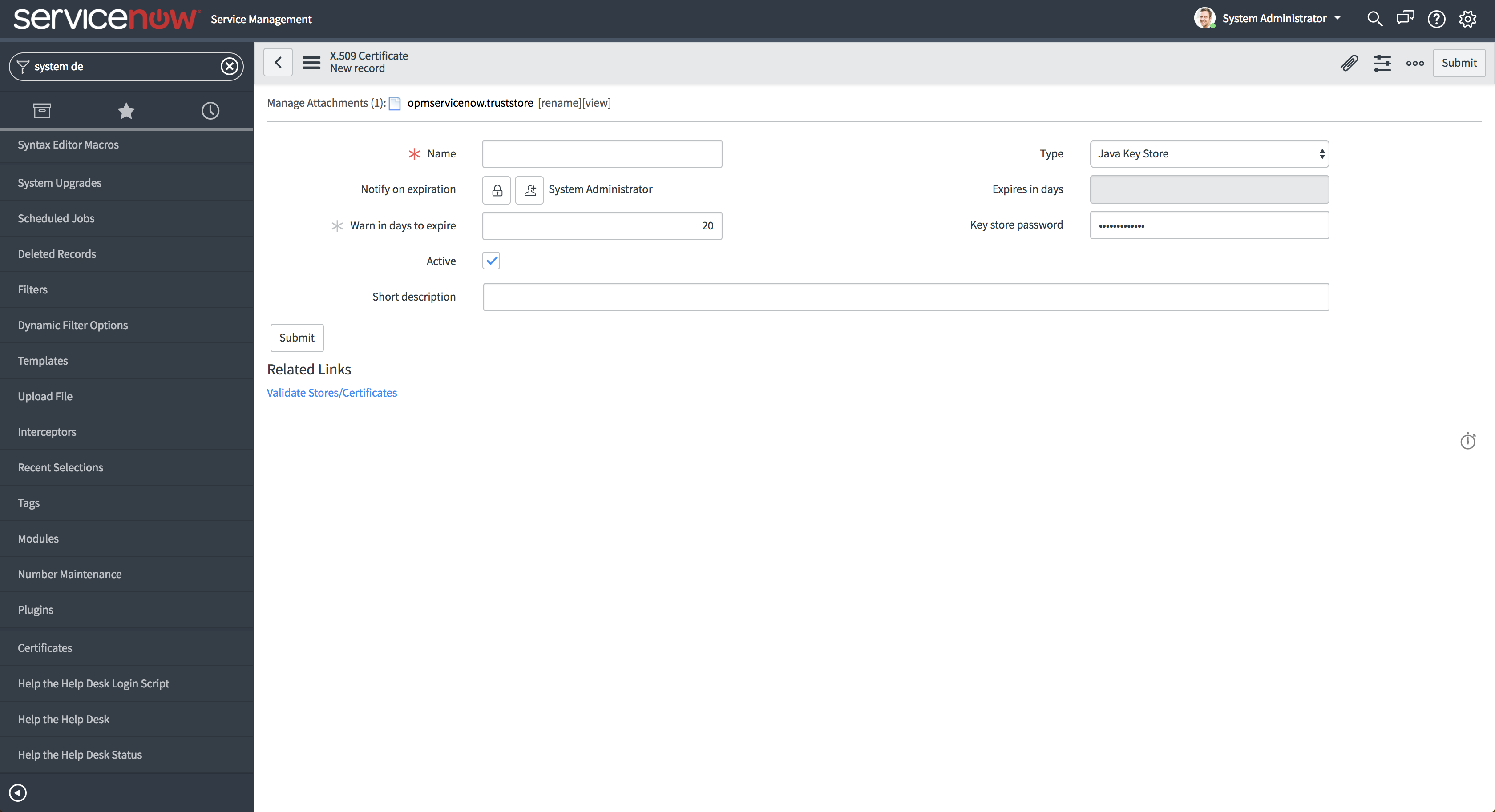 OpManager integration with ServiceNow using SSL certificate: File validation before submitting