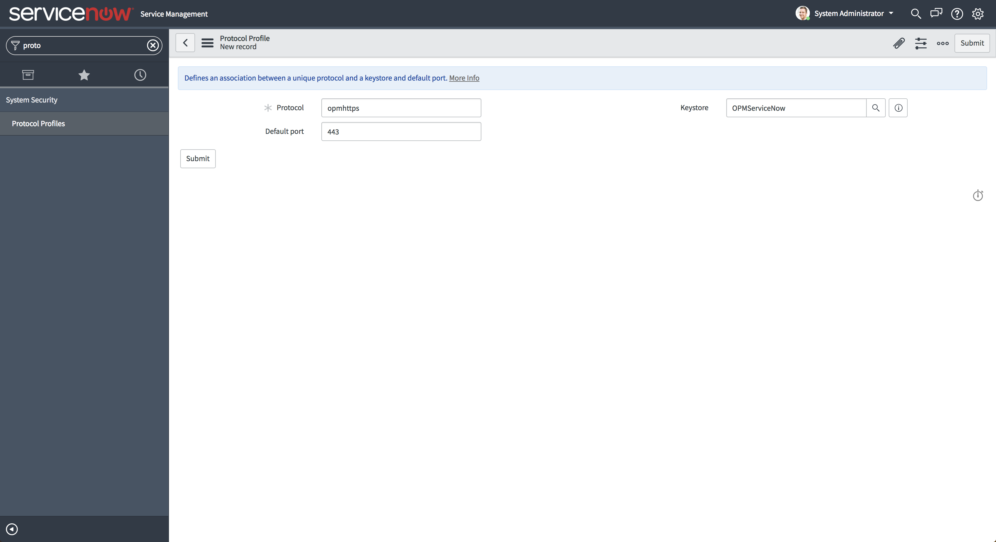 OpManager integration with ServiceNow using SSL certificate: Protocol profile creation in ServiceNow