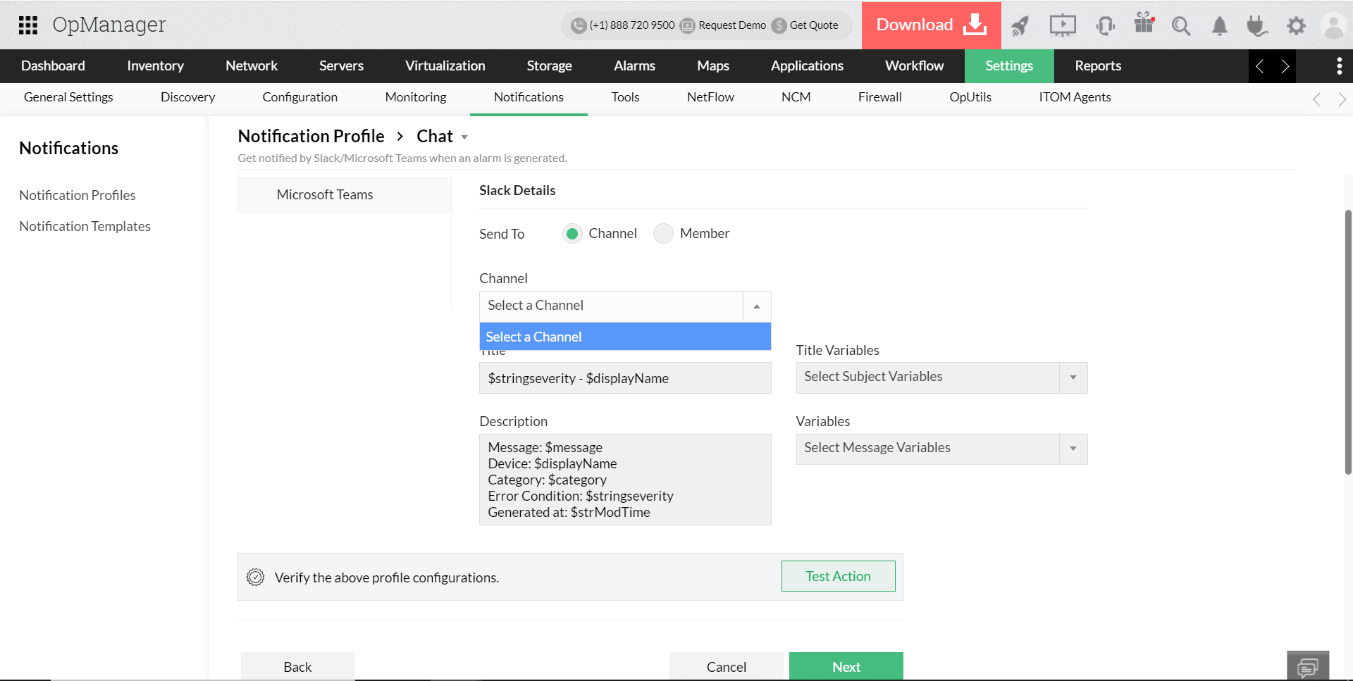 Configure chat in notification profiles: Slack details to configure slack