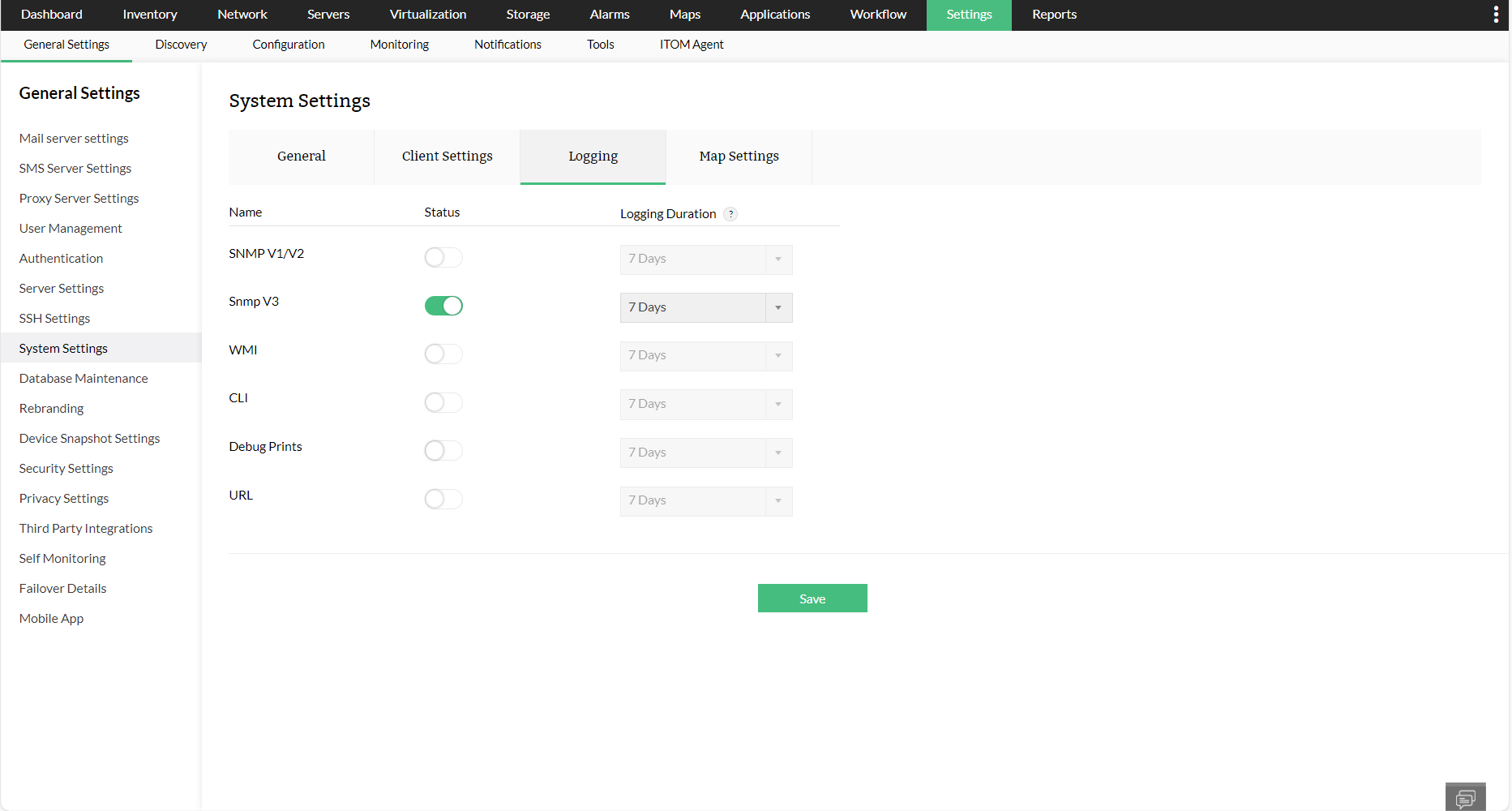 Logging Settings in OpManager - System Settings