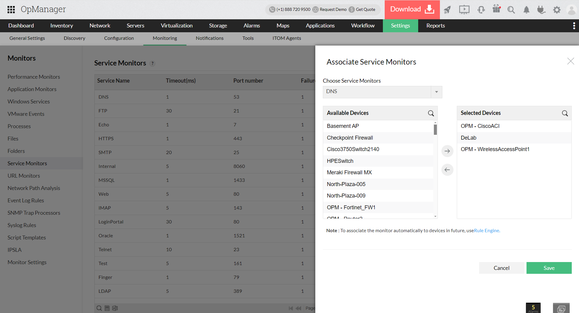TCP services in OpManager: Associate service to devices