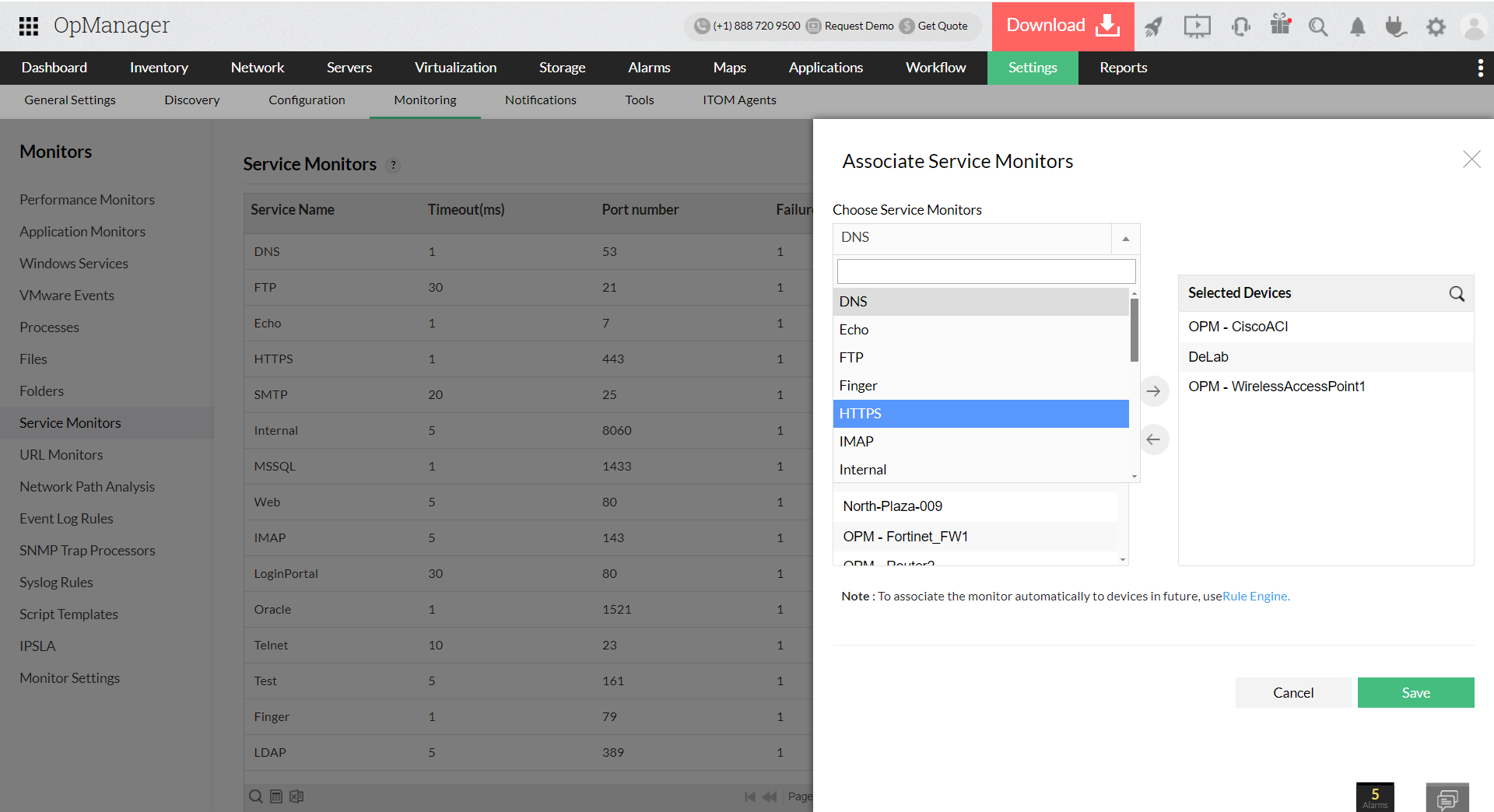 TCP services in OpManager: Dissociate devices