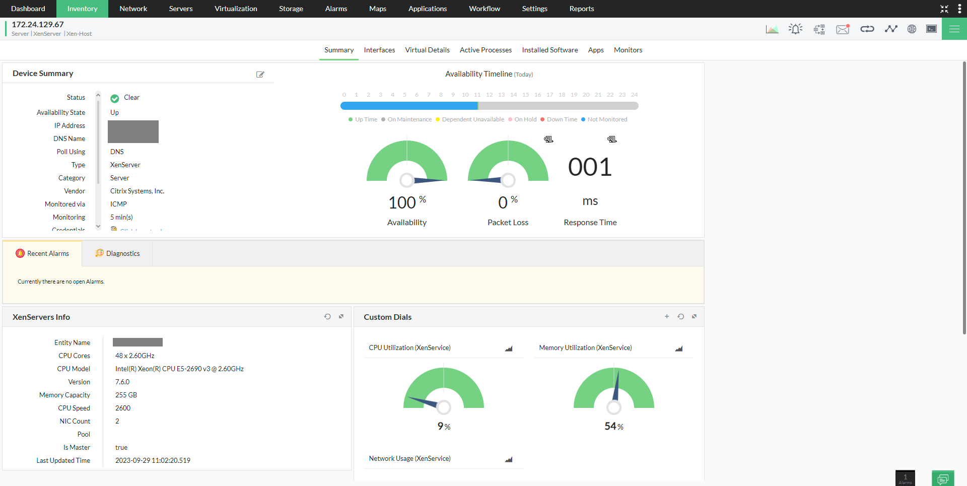 Monitoring Citrix Xen server in OpManager: Details and performance metrics page