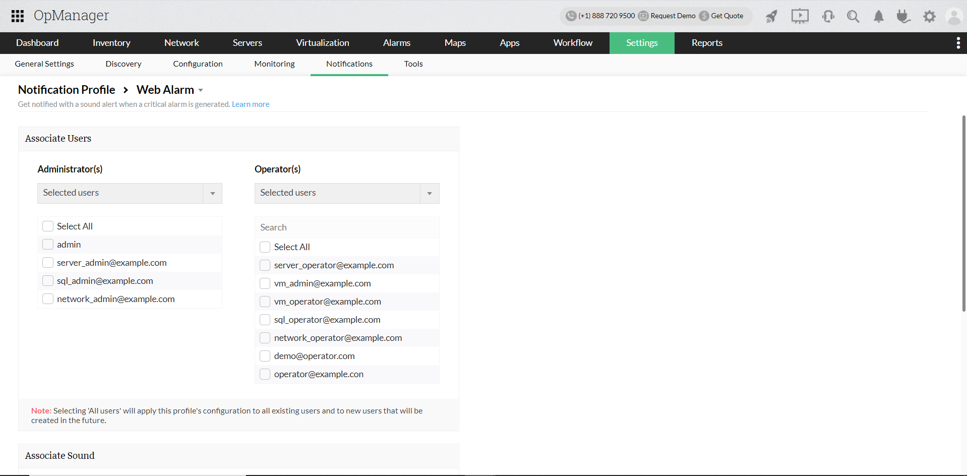 Web alarm notification profile in OpManager: Associate users for the notification profile