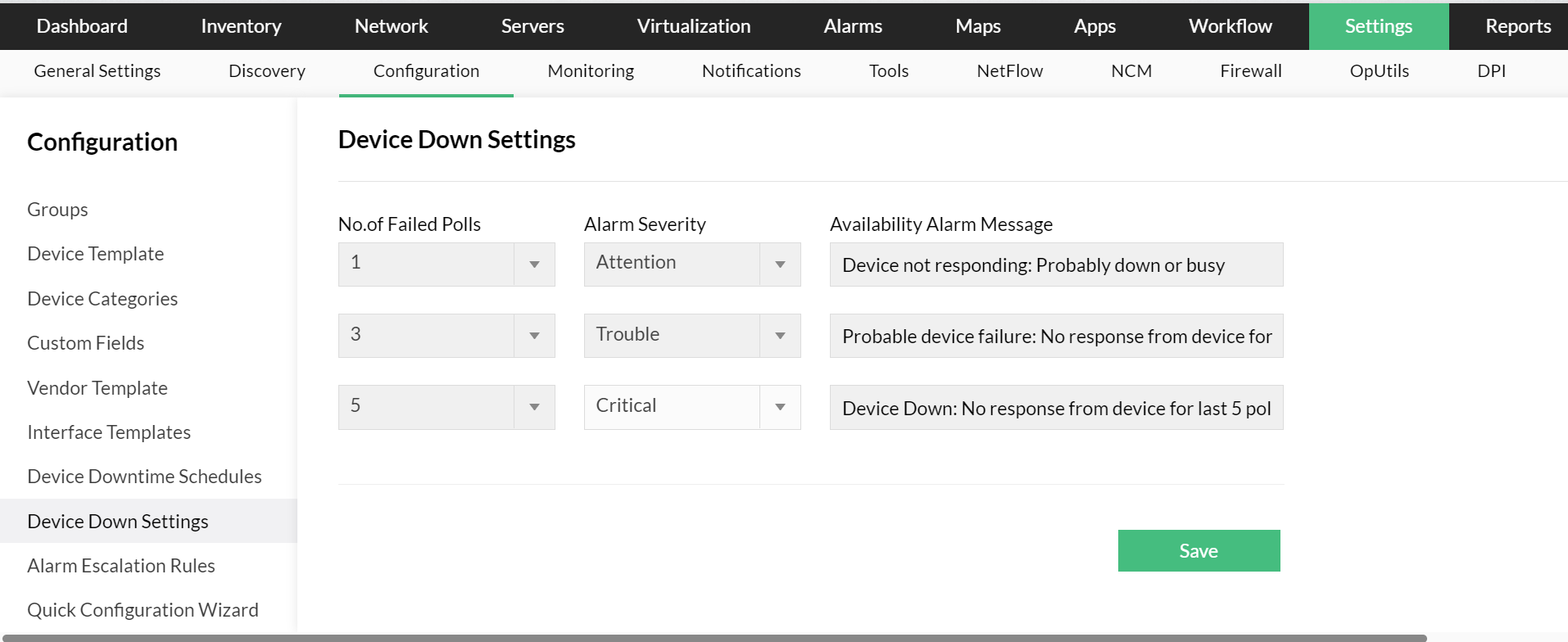 Device Down Settings